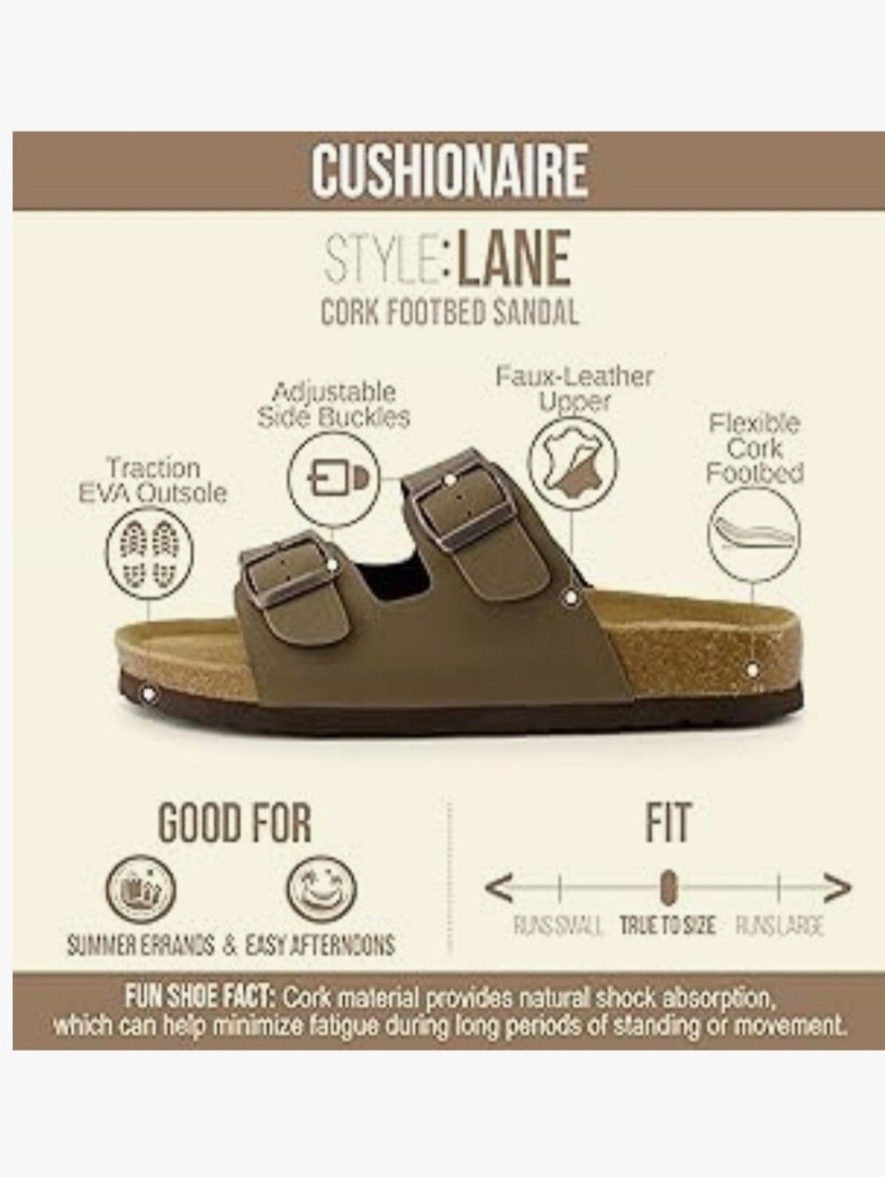 CUSHIONAIRE Lane Cork Footbed Double Buckle Slide Sandals Brown–Women's Size 10W - Picture 12 of 17